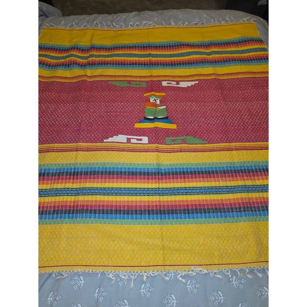 Vtg Mexican Falsa Blanket/tapestry Handwoven Striped SaltilloSerape ThrowFringed